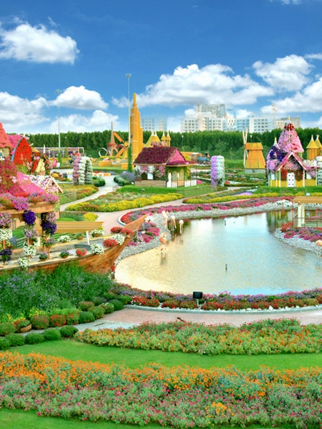Dubai Miracle Garden with vibrant floral displays and colorful pathways, featuring skip-the-line access.