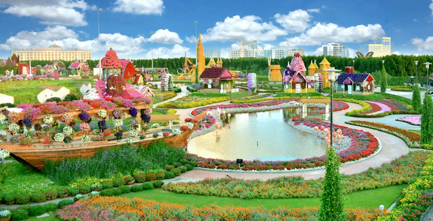 Dubai Miracle Garden with vibrant floral displays and colorful pathways, featuring skip-the-line access.