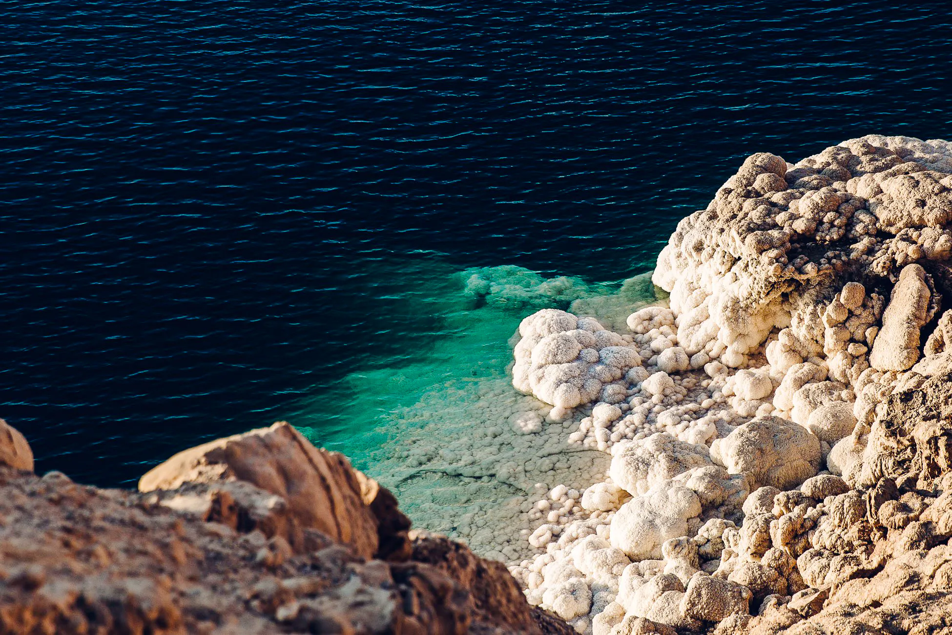 Dead Sea salt formations and turquoise water on Amman to Petra tour.