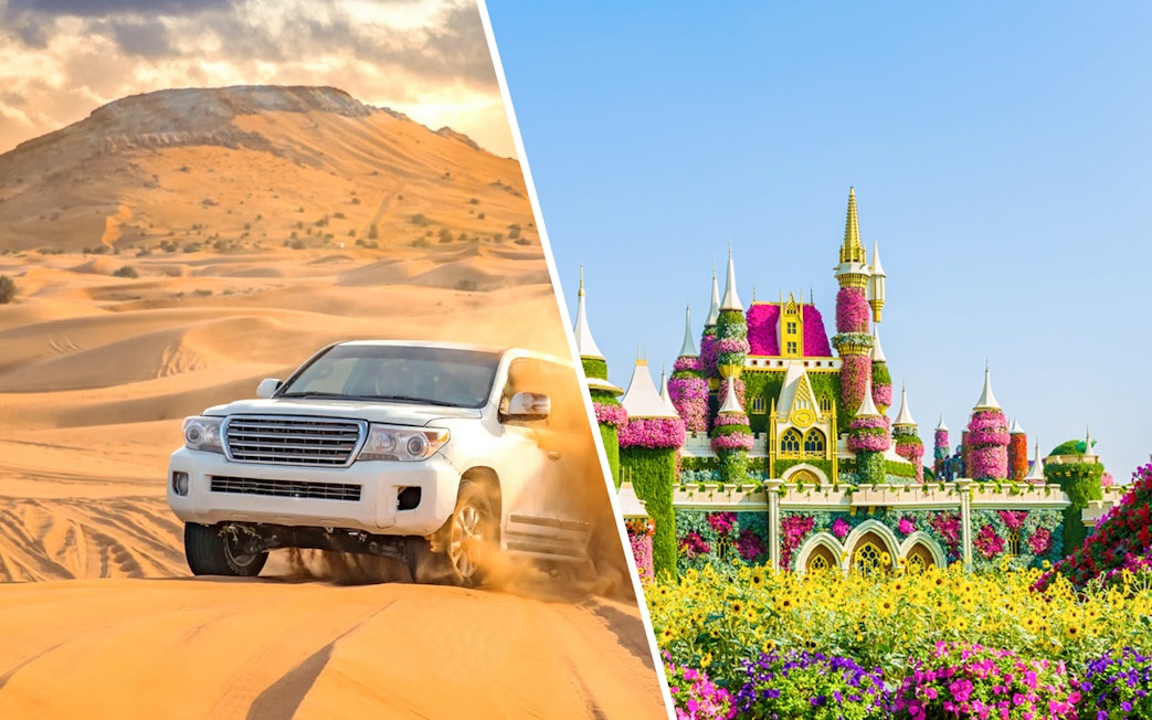 Desert safari in Dubai and floral castle at Miracle Gardens.