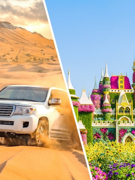 Desert safari in Dubai and floral castle at Miracle Gardens.