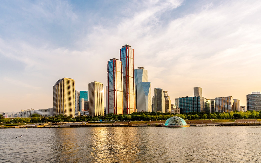 Seoul skyline viewed from Hangang River on Eland Cruise tour.