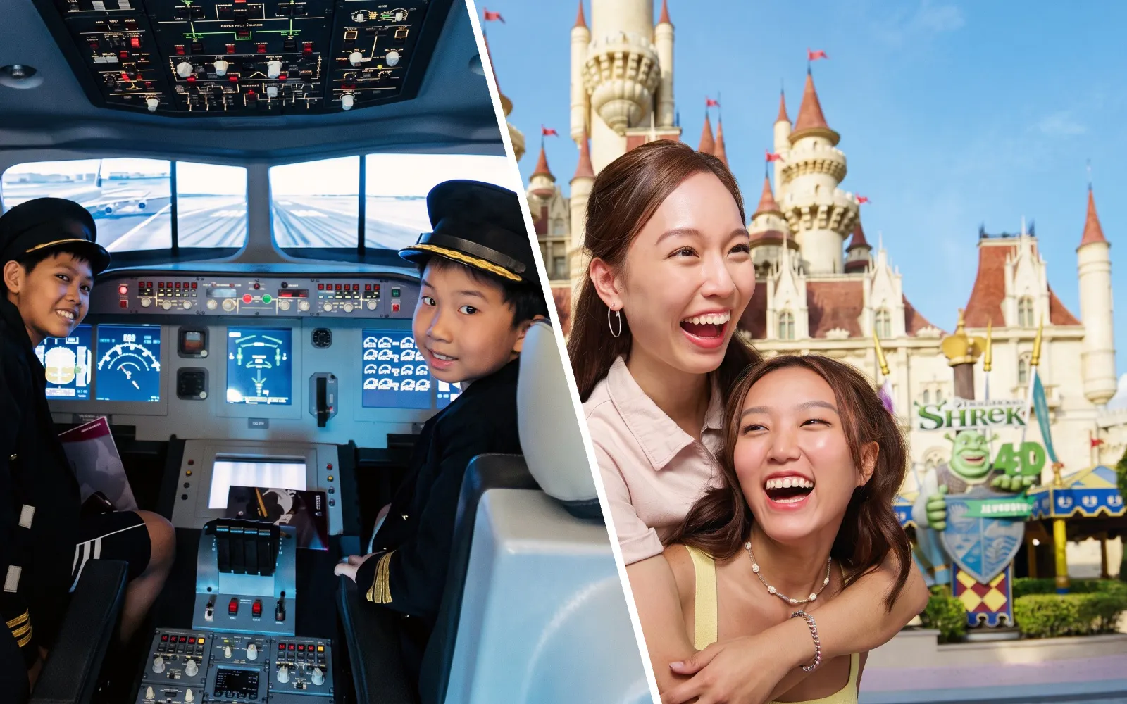 Kids in pilot uniforms at KidZania cockpit simulation; friends laughing at Universal Studios Singapore with castle backdrop.