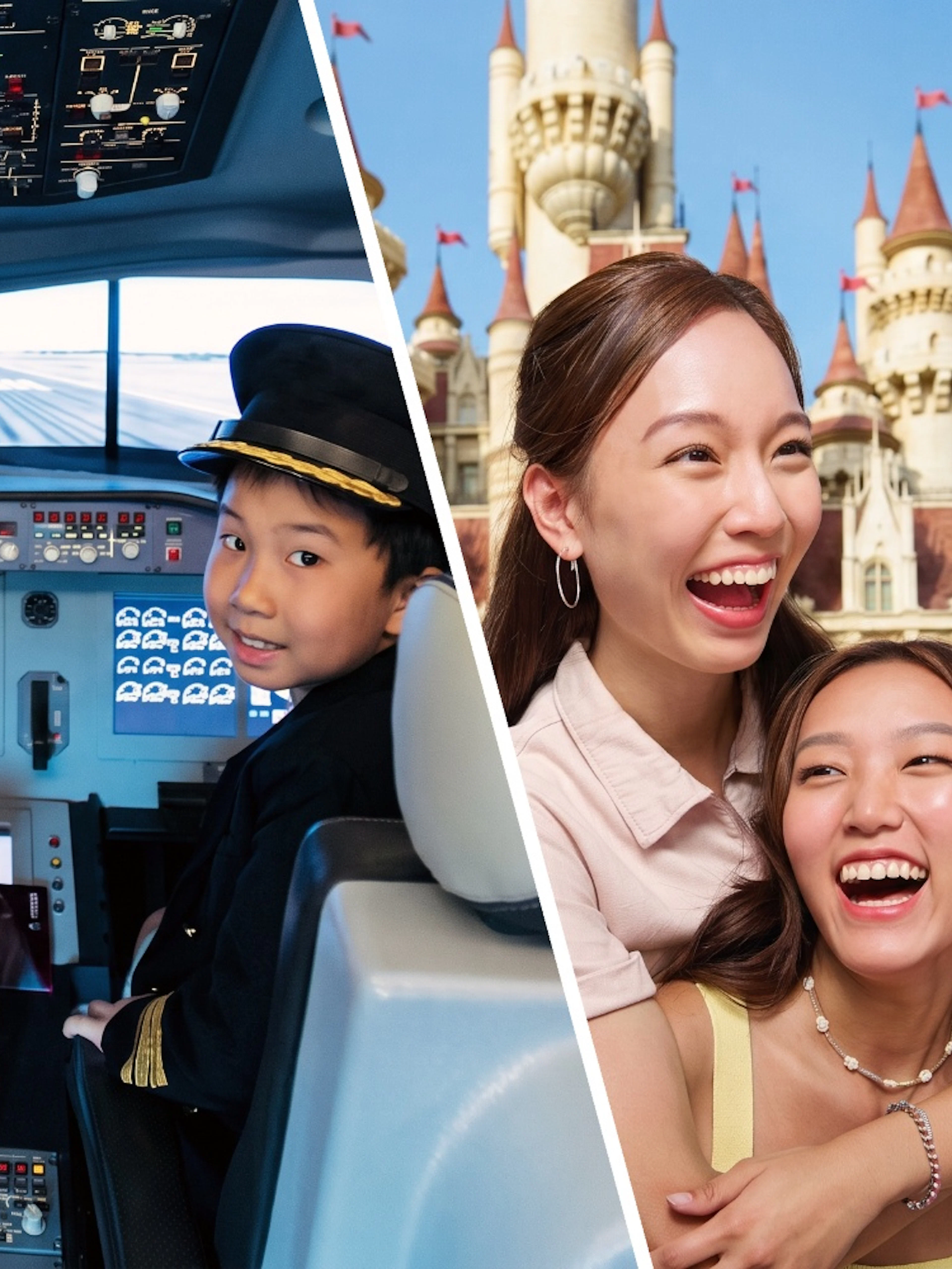 Kids in pilot uniforms at KidZania cockpit simulation; friends laughing at Universal Studios Singapore with castle backdrop.