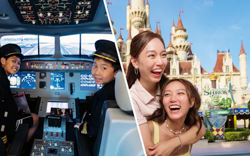 Kids in pilot uniforms at KidZania cockpit simulation; friends laughing at Universal Studios Singapore with castle backdrop.