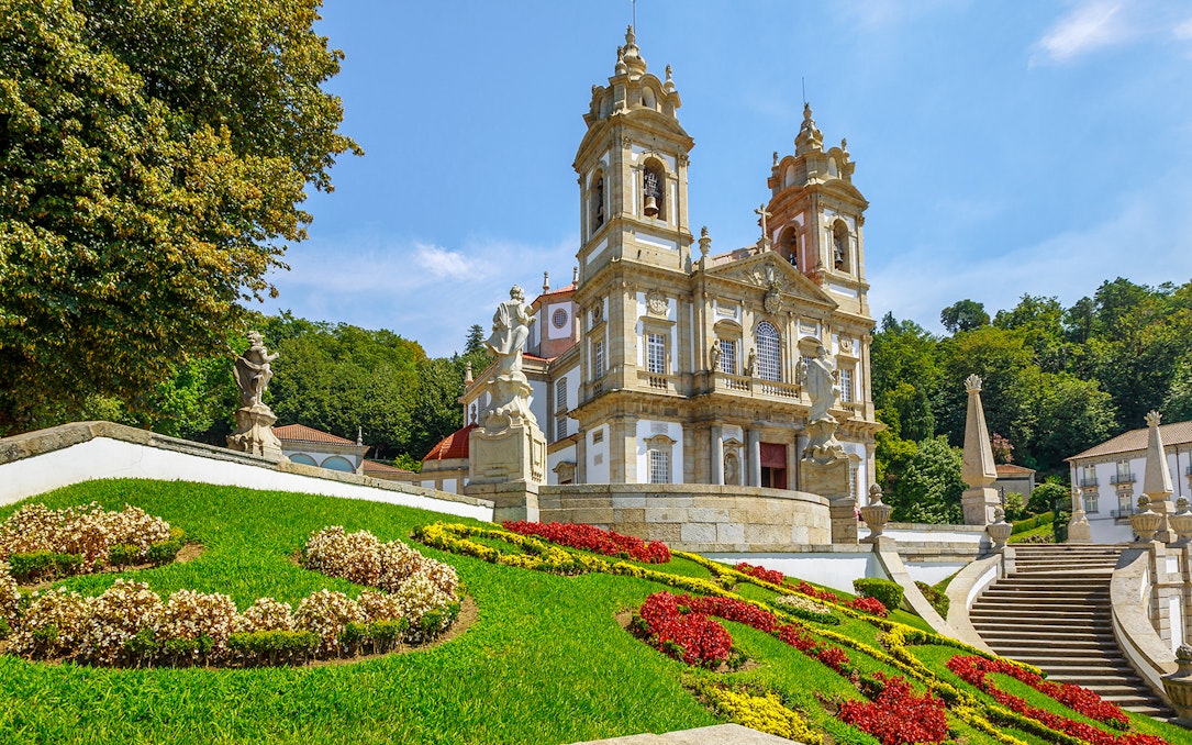 Bom Jesus do Monte sanctuary in Braga, Portugal, with ornate architecture and landscaped gardens.