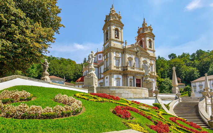 Bom Jesus do Monte sanctuary in Braga, Portugal, with ornate architecture and landscaped gardens.