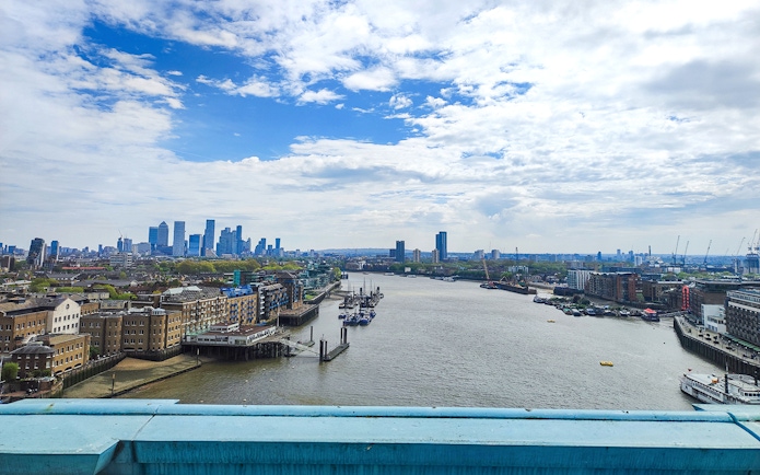 London skyline view from Tower Bridge over the Thames River.