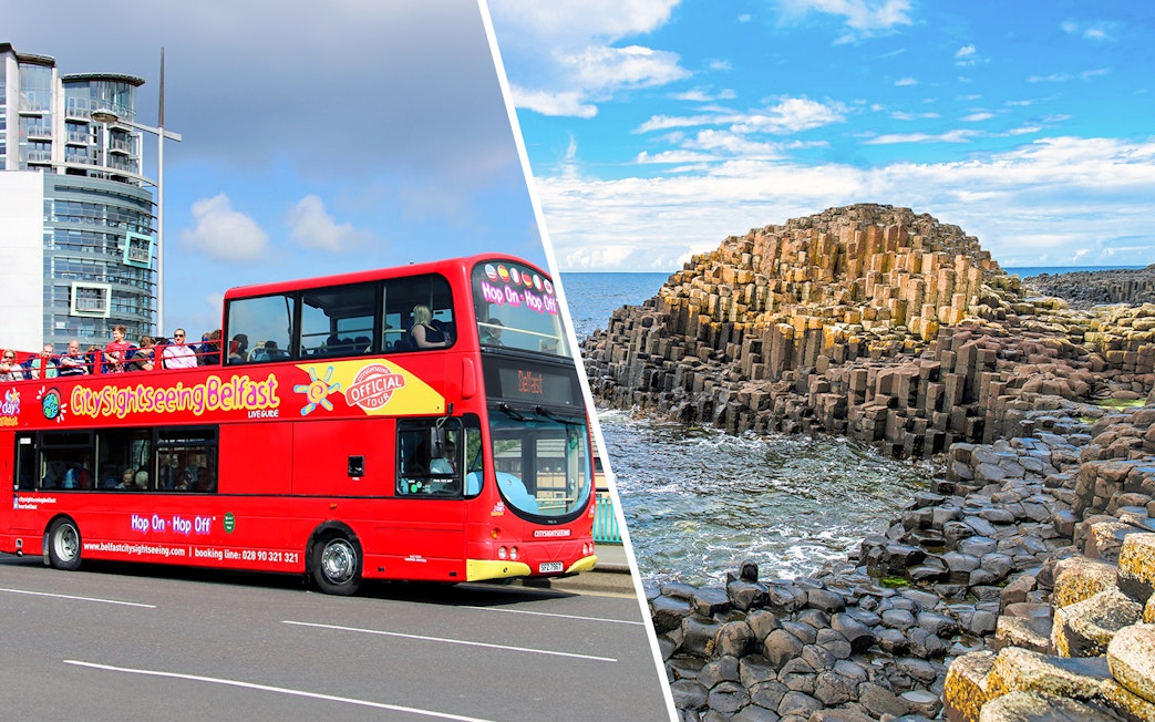 Red double-decker bus for Belfast city tour and Giant’s Causeway rock formations.