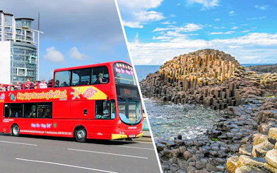 Red double-decker bus for Belfast city tour and Giant’s Causeway rock formations.