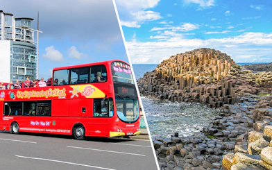 Red double-decker bus for Belfast city tour and Giant’s Causeway rock formations.