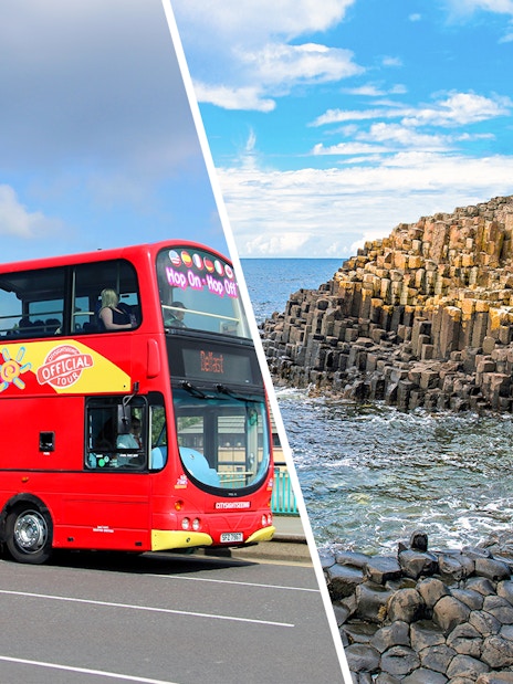 Red double-decker bus for Belfast city tour and Giant’s Causeway rock formations.