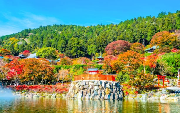 Katsuo-ji temple pond with autumn foliage in Minō, Japan.