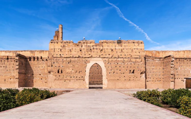 El Badi Palace ruins with storks on the walls, Marrakech, Morocco.