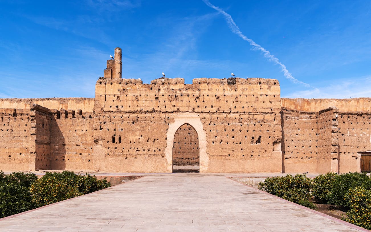 El Badi Palace ruins with storks on the walls, Marrakech, Morocco.