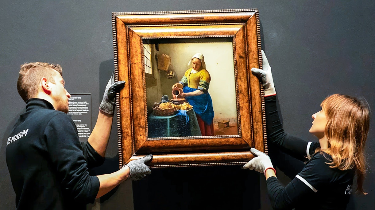 Johannes Vermeer painting being installed at Rijksmuseum exhibit, Amsterdam.