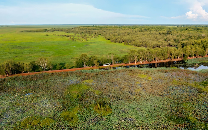 Aerial view of lush wetlands and a tour bus on a road in Kakadu National Park, Australia.
