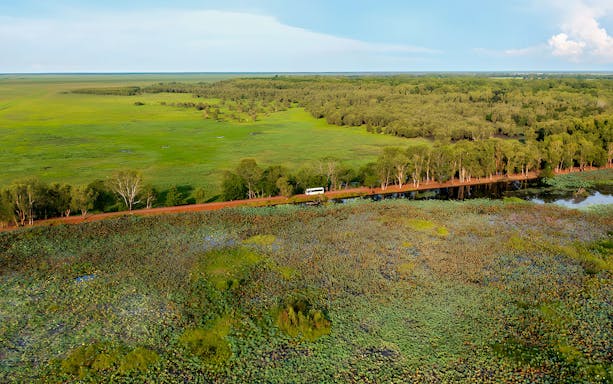 Aerial view of lush wetlands and a tour bus on a road in Kakadu National Park, Australia.