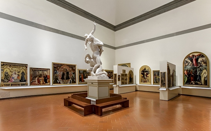 Sculpture and paintings in Accademia Gallery, Florence, Italy.