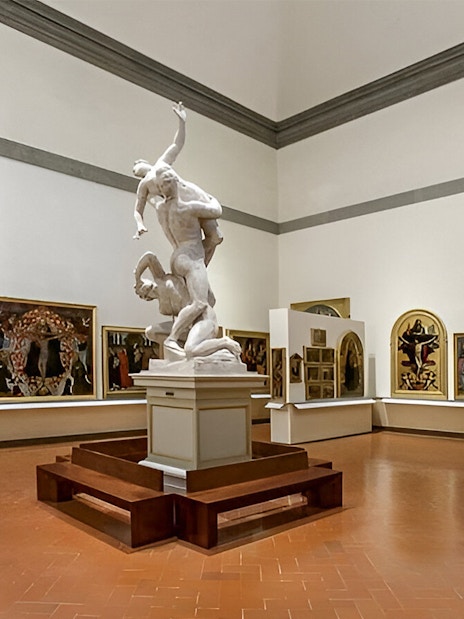 Sculpture and paintings in Accademia Gallery, Florence, Italy.