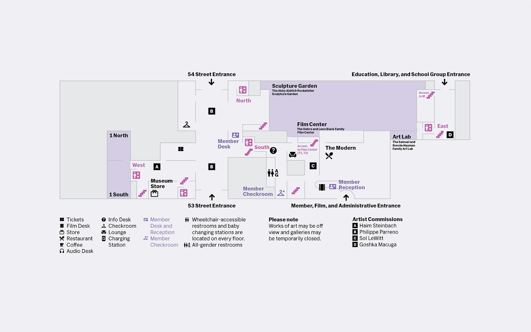 MoMA first floor map showing entrances, sculpture garden, film center, and art lab locations.