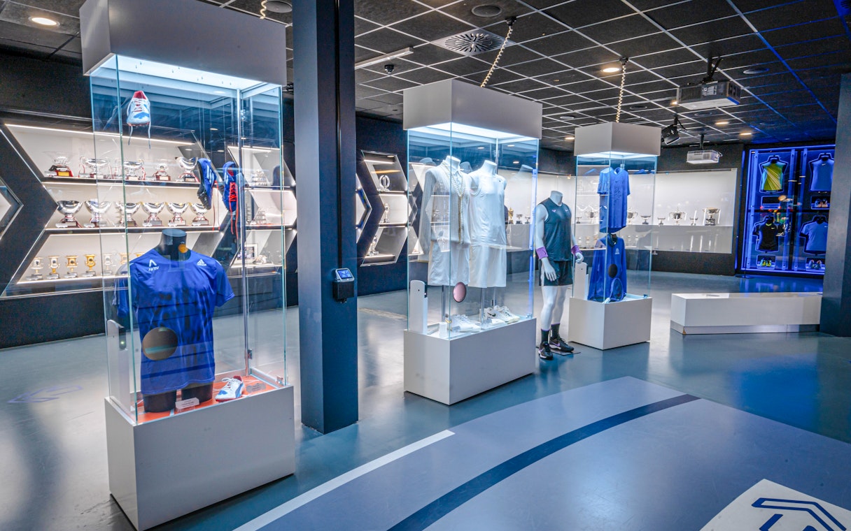 Rafa Nadal Museum Xperience interior with sports memorabilia displays.