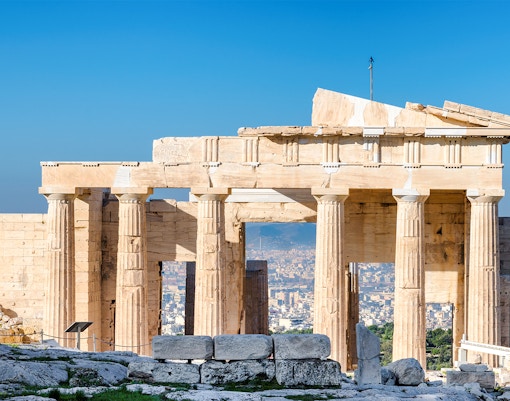 Propylaea entrance with ancient columns at the Acropolis, Athens.