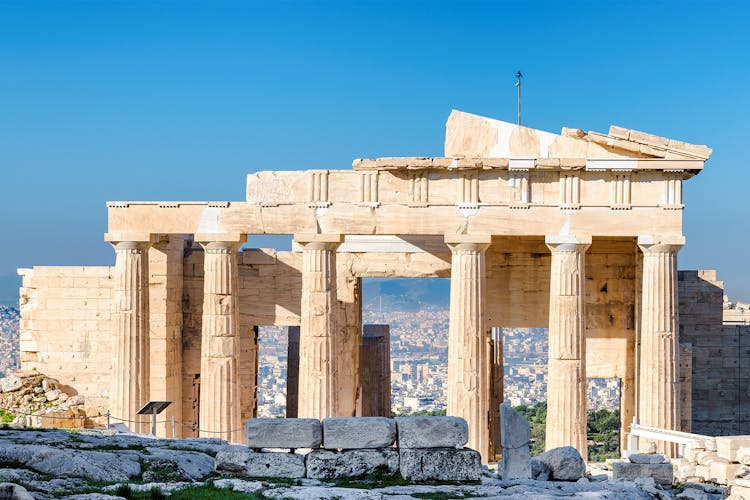 Propylaea entrance with ancient columns at the Acropolis, Athens, Greece.