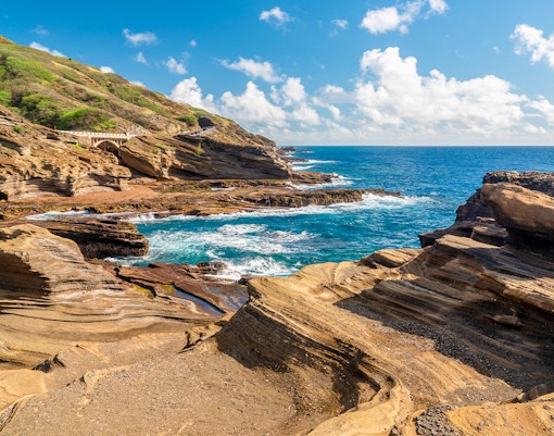 View from Halona Blowhole along the eroded coastline on the east coast of Oahu