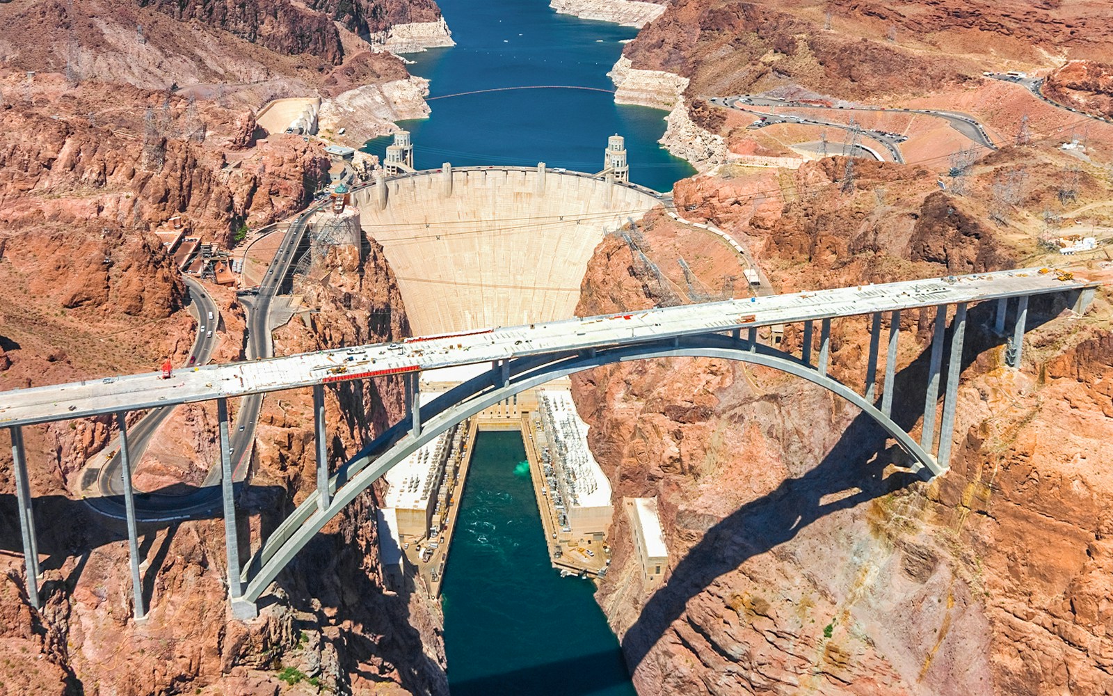 Aerial view of Hoover Dam and the Colorado River Bridge