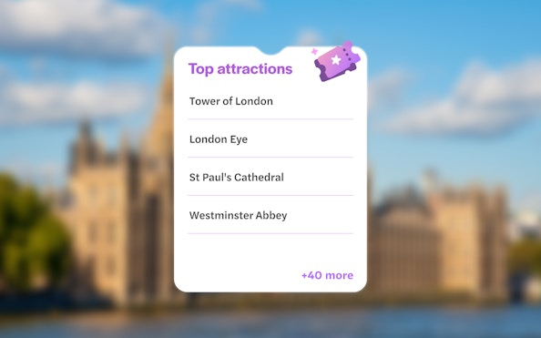 Top attractions list with blurred Houses of Parliament and Big Ben by the River Thames in London.