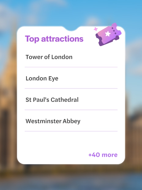 Top attractions list with blurred Houses of Parliament and Big Ben by the River Thames in London.