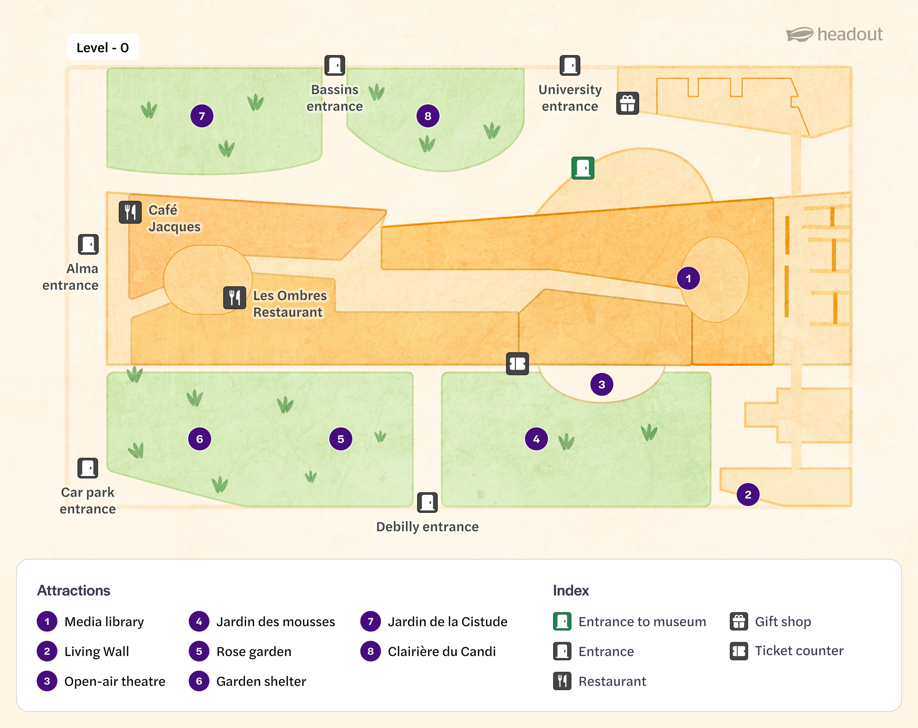 Level 0 map of Quai Branly Museum showing entrances, restaurants, and garden attractions.