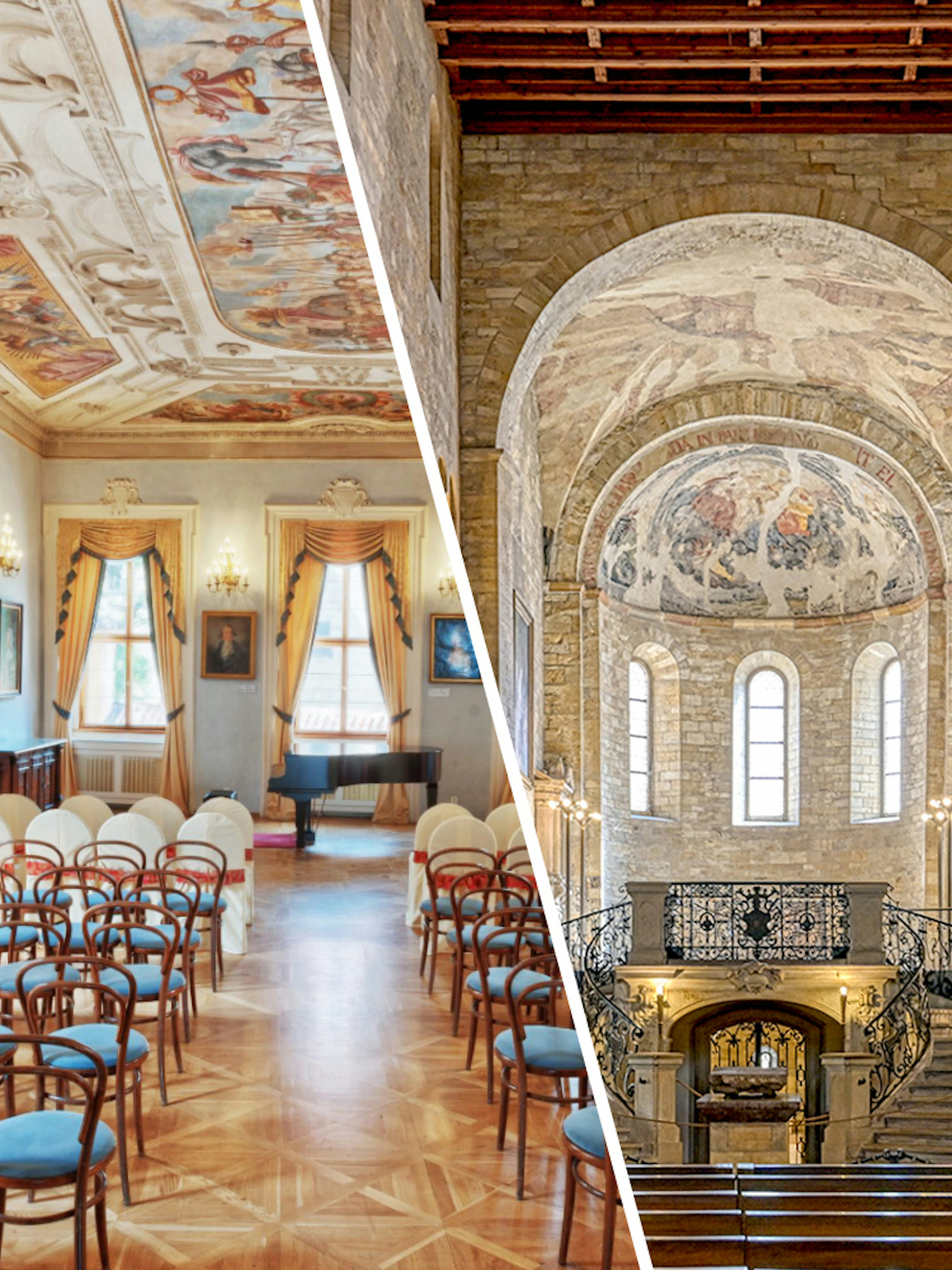 Lobkowicz Palace Museum ornate hall and Prague Castle historic interior, Prague.