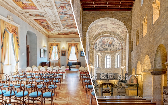 Lobkowicz Palace Museum ornate hall and Prague Castle historic interior, Prague.