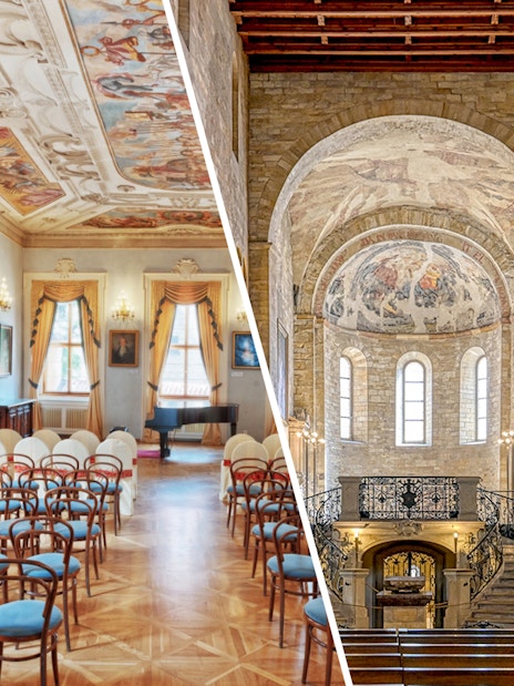 Lobkowicz Palace Museum ornate hall and Prague Castle historic interior, Prague.