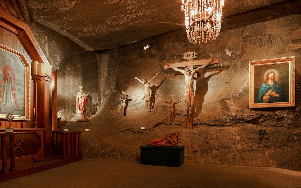 Chapel with religious sculptures and paintings in Wieliczka salt mine, Poland.