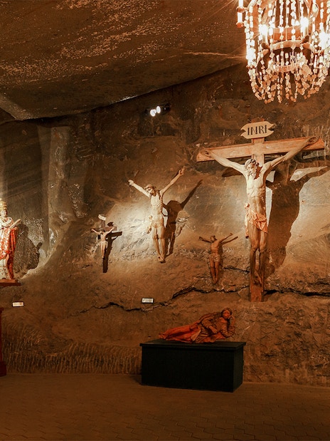 Chapel with religious sculptures and paintings in Wieliczka salt mine, Poland.