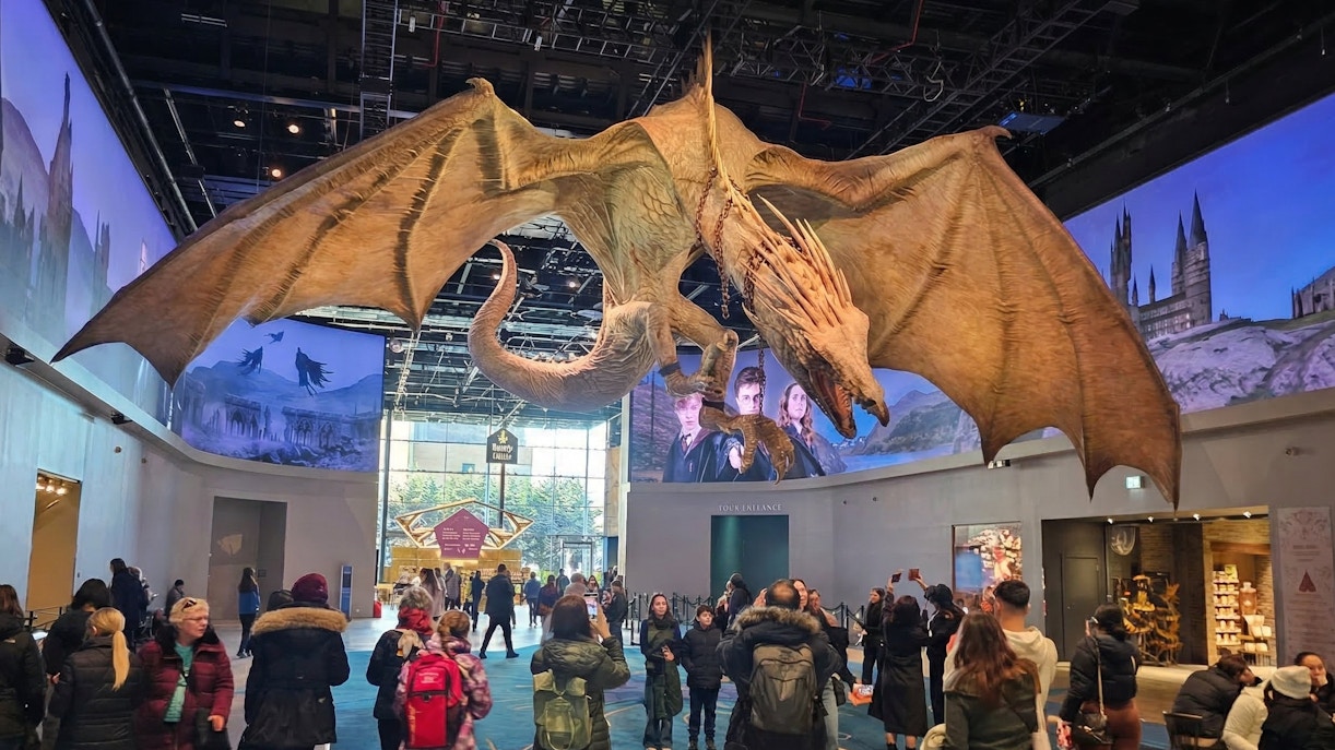 Dragon exhibit at Harry Potter Studio Tour London with visitors exploring the attraction.