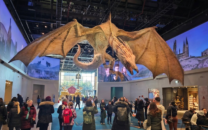 Dragon exhibit at Harry Potter Studio Tour London with visitors exploring the attraction.