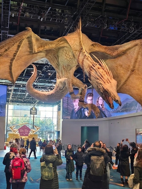 Dragon exhibit at Harry Potter Studio Tour London with visitors exploring the attraction.