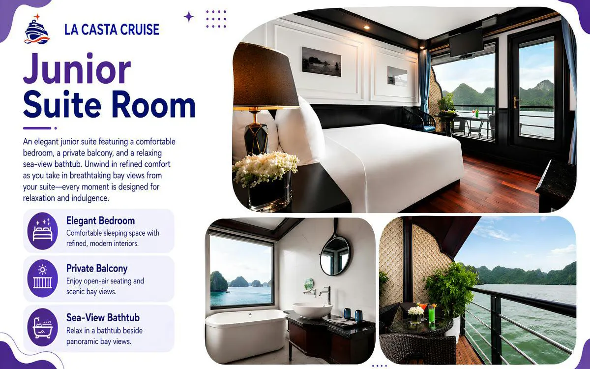Junior suite room with sea-view balcony and bathtub on Lan Ha Bay 5-star cruise.