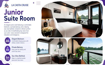 Junior suite room with sea-view balcony and bathtub on Lan Ha Bay 5-star cruise.