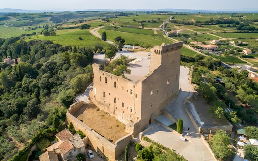 Aerial view of Châteauneuf-du-Pape castle ruins surrounded by vineyards in Avignon, France.