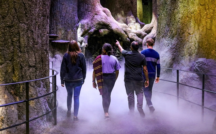 Visitors walking through the Forbidden Forest set at Warner Bros. Studio London.