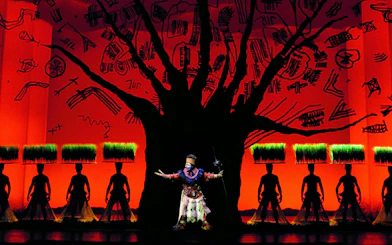 Lion King performance with actors in costume on stage, West End.