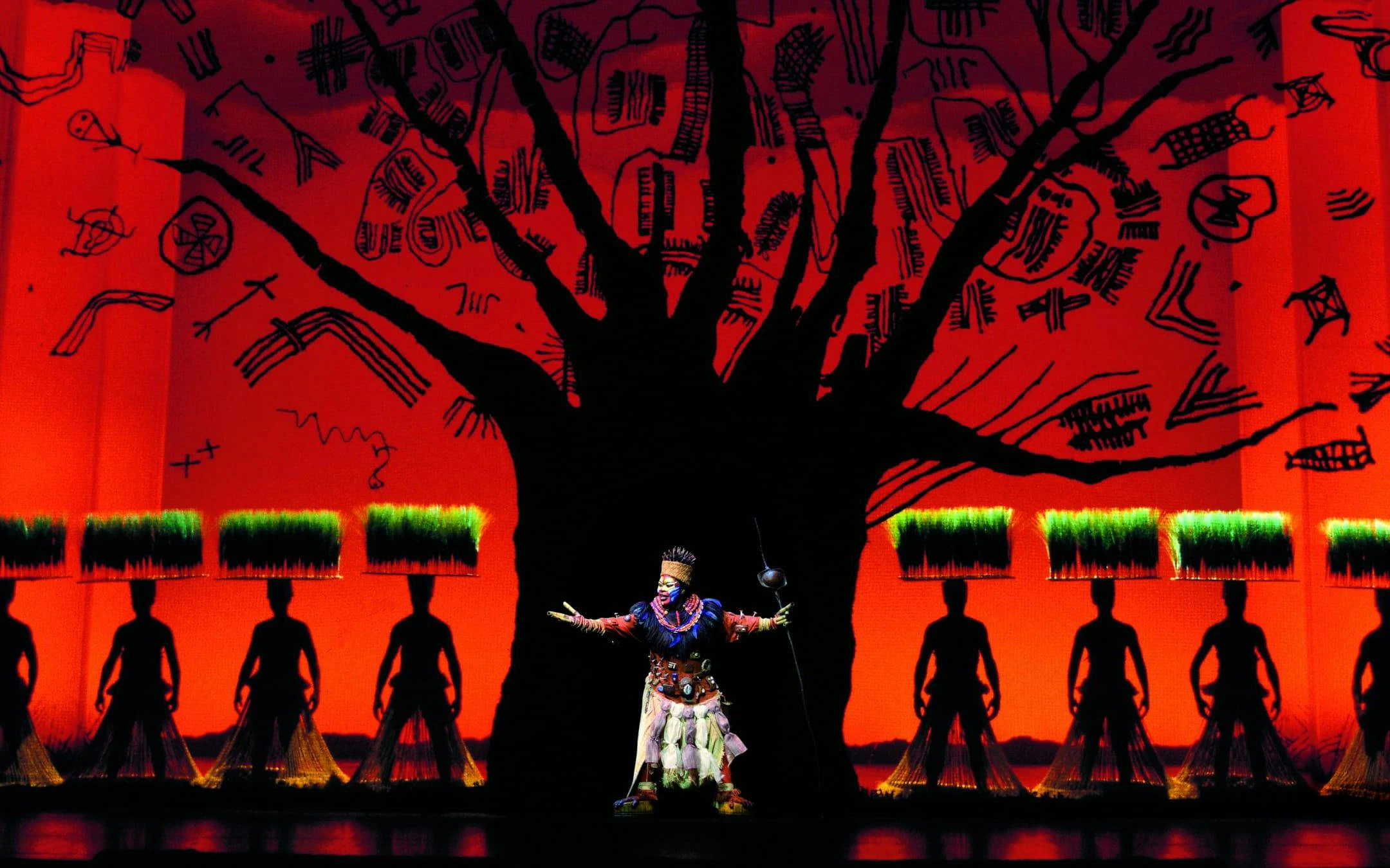 Lion King performance with actors in costume on stage, West End.