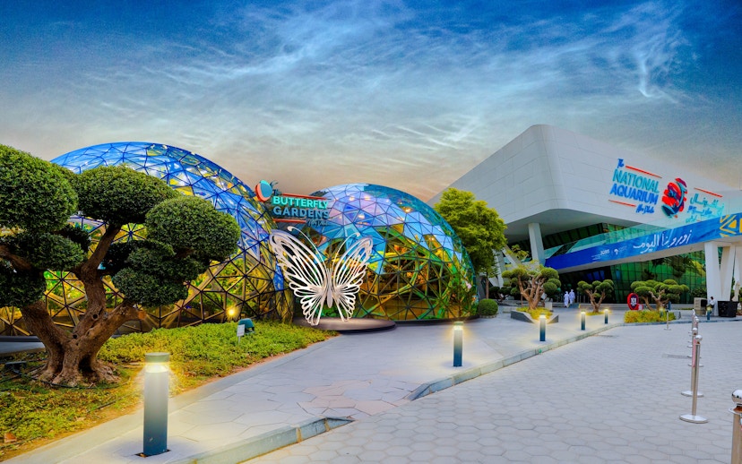Butterfly Garden entrance with glass domes and butterfly sculpture, adjacent to National Aquarium.