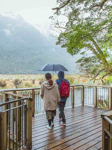 Couple walking on a boardwalk in Milford Sound, New Zealand, surrounded by lush forest.