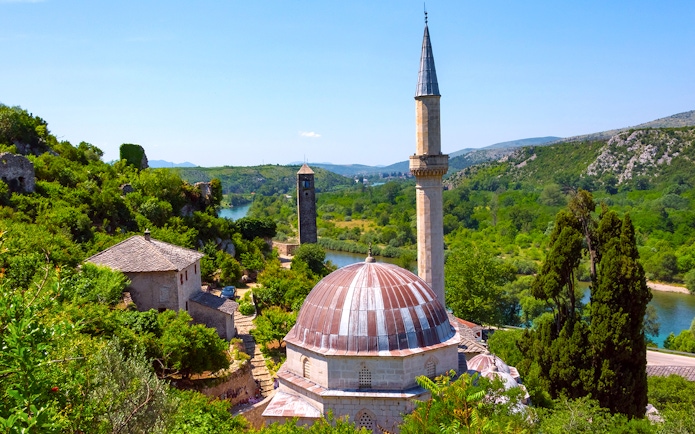 Mostar mosque and river view on guided tour from Split to Trogir.